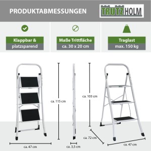 Produktmaße der weißen TRUTZHOLM Trittleiter mit 3 Stufen, geklappt und aufgebaut.