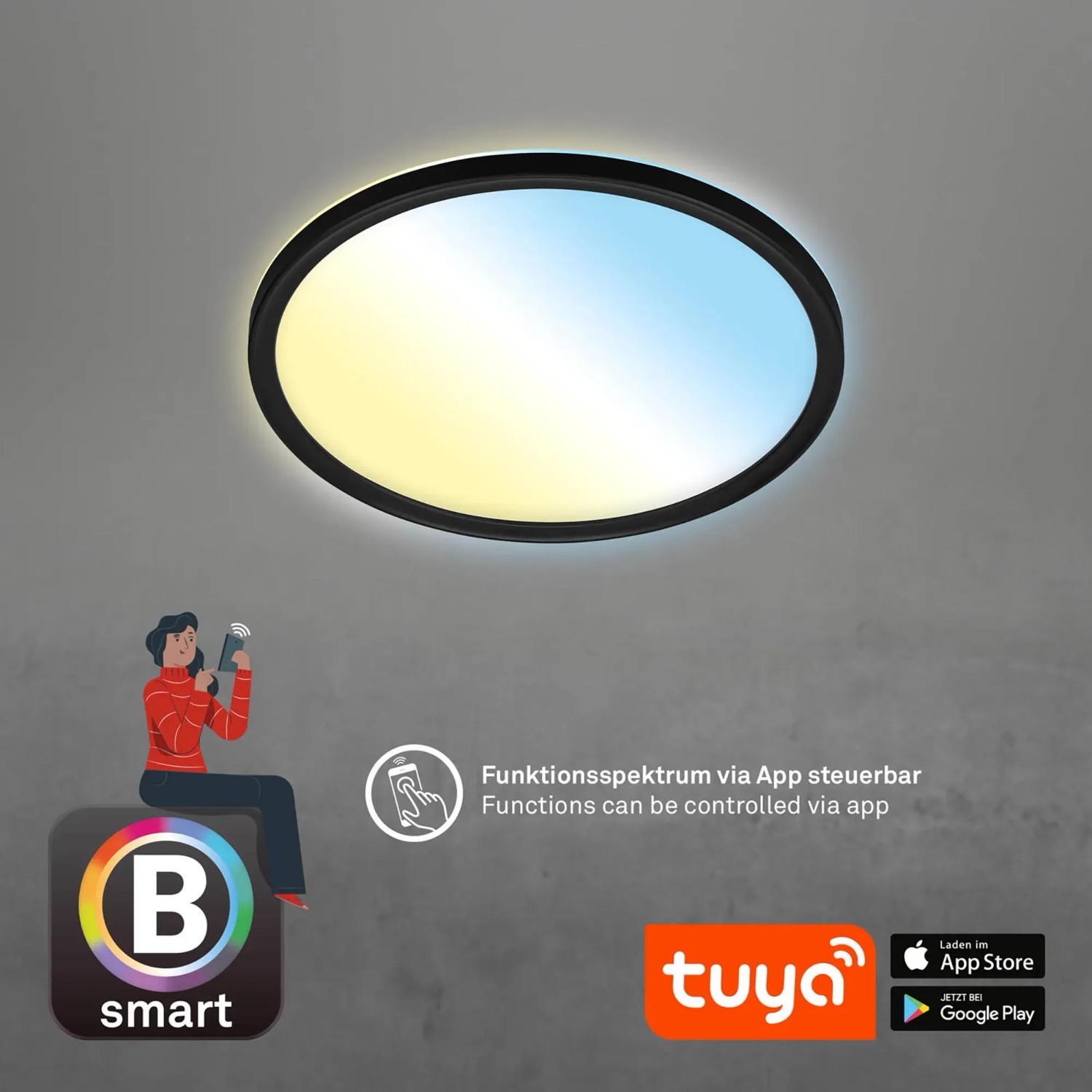 Smarte, dimmbare Brilo WiFi Deckenleuchte Slim in Schwarz mit App-Steuerung und CCT-Funktion.