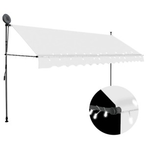 Cremefarbene, handbetriebene Markise mit LED-Beleuchtung, 400 cm breit.
