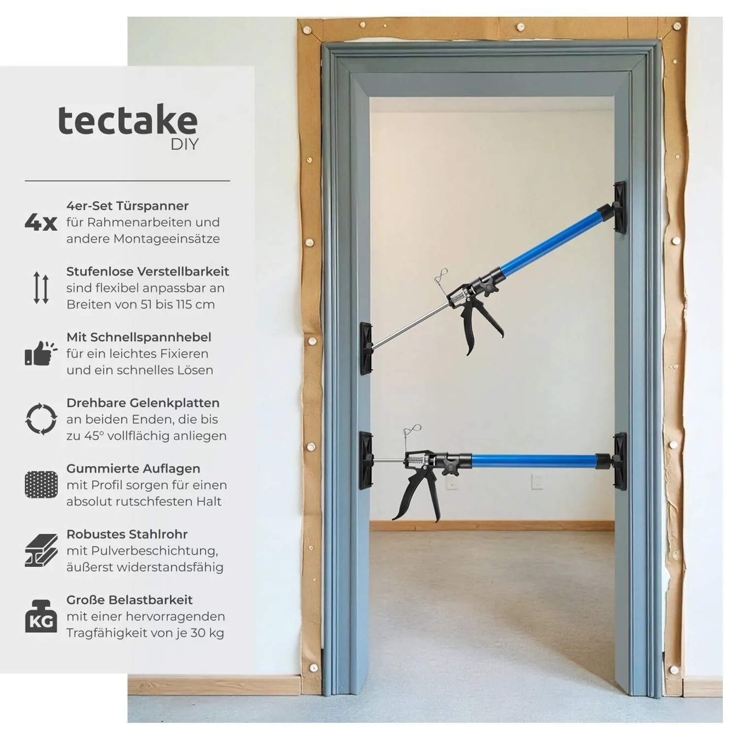 Tectake 4er Set Türspanner im Einsatz zum Fixieren eines Türrahmens. Werkzeug-Set mit blauen Türspreizen.