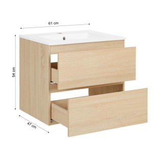 Badmöbel Set Waschtisch in Eichenoptik mit weißem Keramikwaschbecken und zwei offenen Schubladen. Maße 61x54x47 cm.