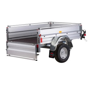 Stema Anhänger Variolux 550 mit Stützrad und Diebstahlsicherung, Heckklappe geöffnet.