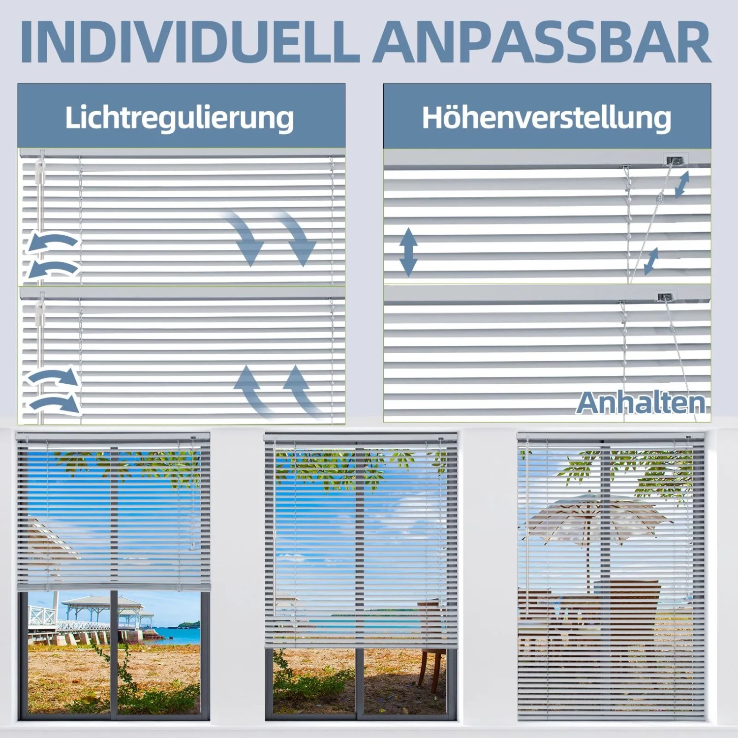 Sekey Aluminium Jalousie, 90x130 cm, silber, mit Licht- und Höheneinstellung am Fenster.