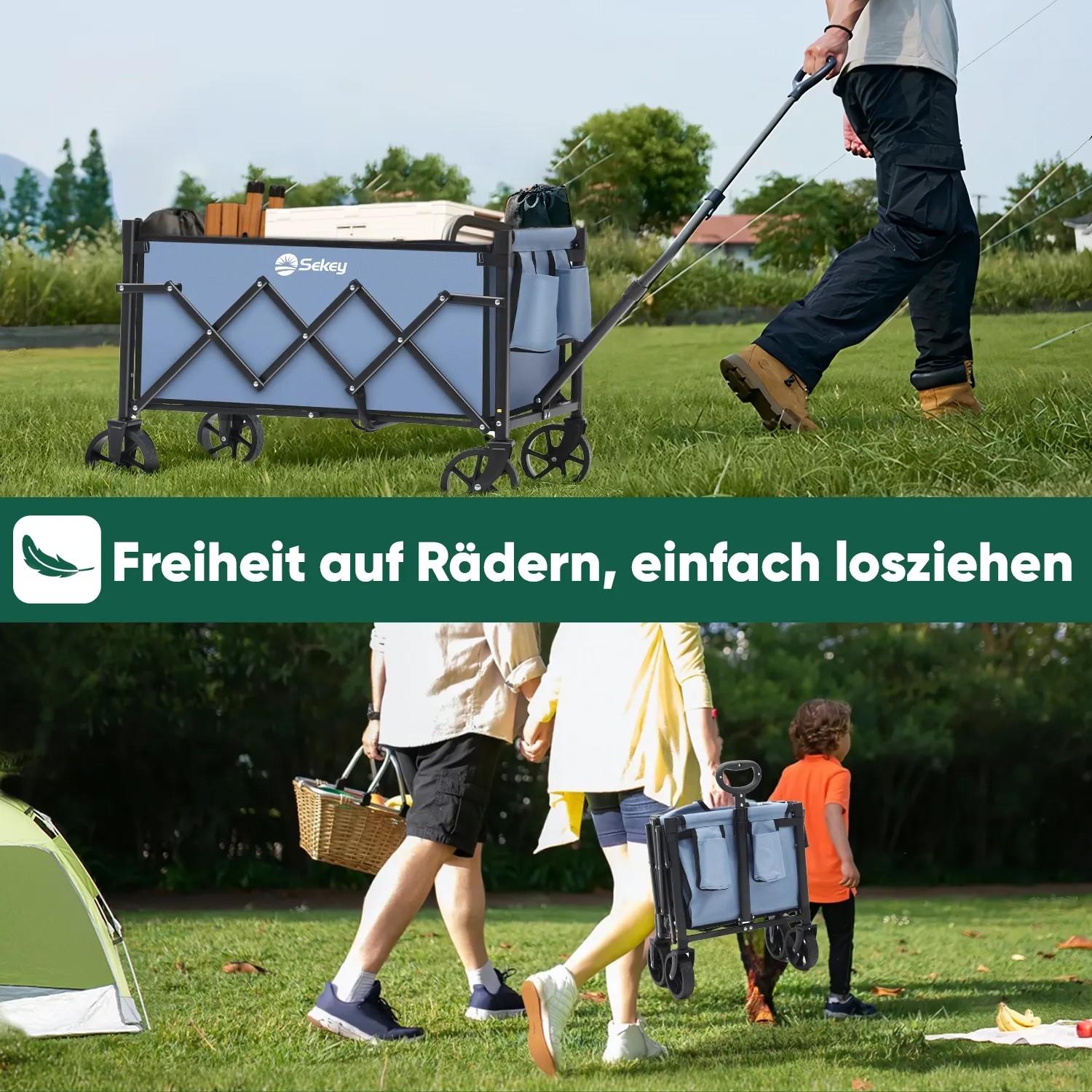 Blauer Sekey Faltbollerwagen 60L, 80kg, offen auf Gras gezogen und kompakt getragen. Perfekt für Camping, Outdoor & Transport.