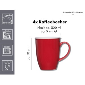 Ritzenhoff & Breker Doppio Kaffeebecher, 4er Set, rot, aus Porzellan. Geschirr für Kaffee.