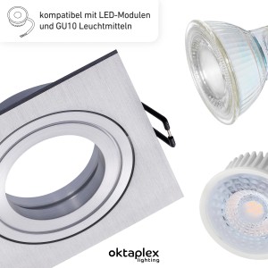 Oktaplex Einbaustrahler Lyon 12er Set, silber, eckig, schwenkbar für LED-Module und GU10 Leuchtmittel.