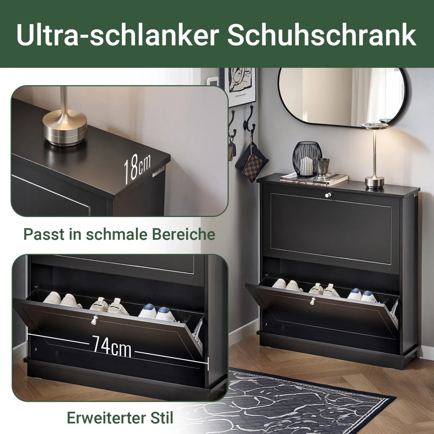 Schmaler, schwarzer Schuhkipper mit zwei Klappen und Ablagefläche. Ideal für kleine Flure.