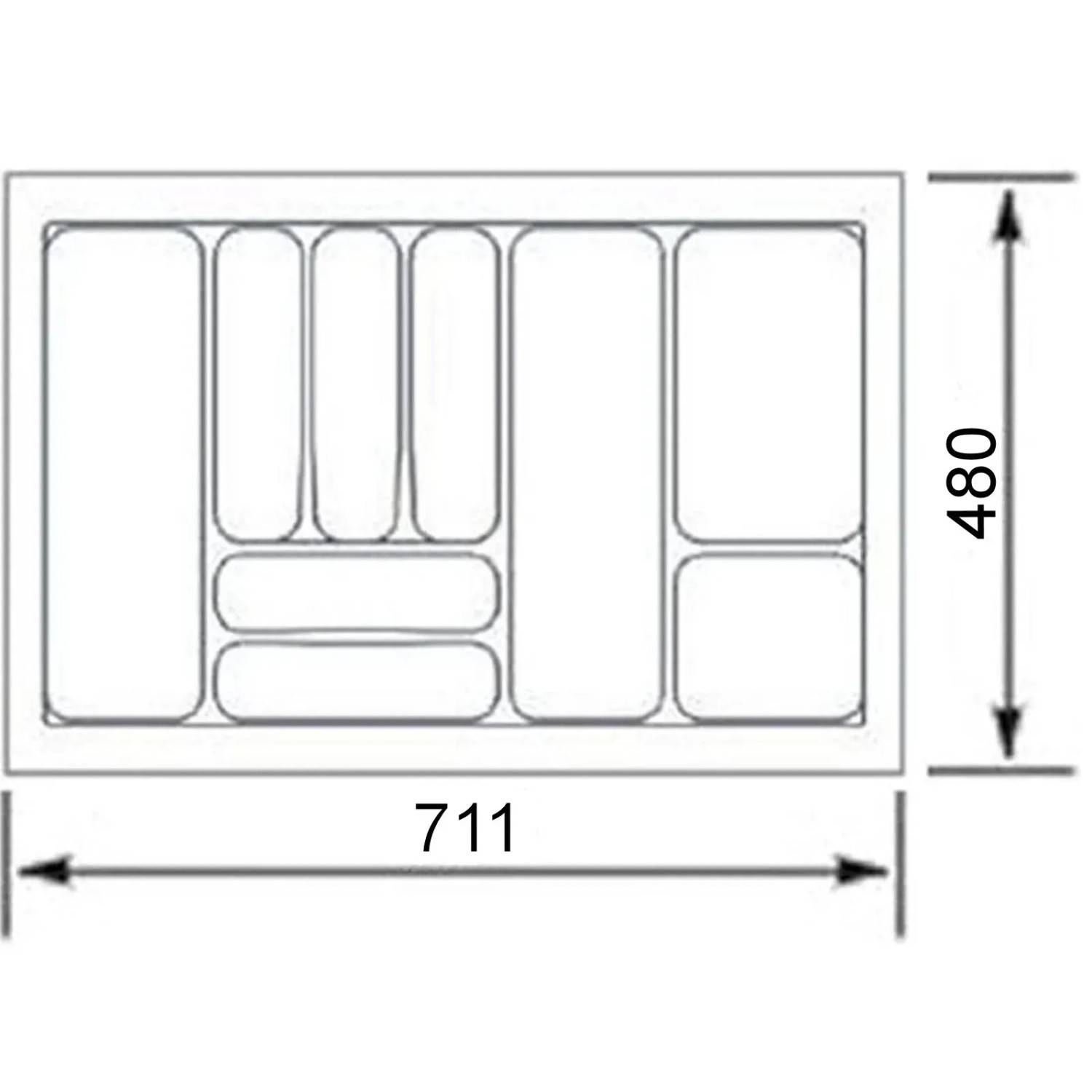 SOTECH Orga-Box VIII Besteckeinsatz Layout mit 8 Fächern und Maßen 711x480 mm für Küchenschubladen.
