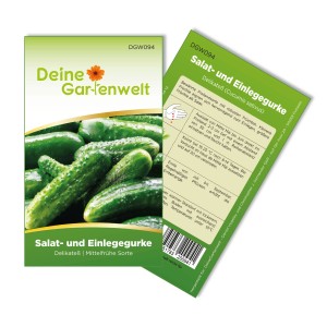 Samenpackung 'Deine Gartenwelt Salat- und Einlegegurke Delikateß' mit Gurkenabbildung.