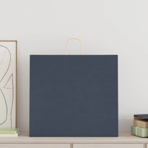Blaue Papiertragetasche aus Kraftpapier mit braunen Henkeln, ideal für Geschenke oder Einkäufe.