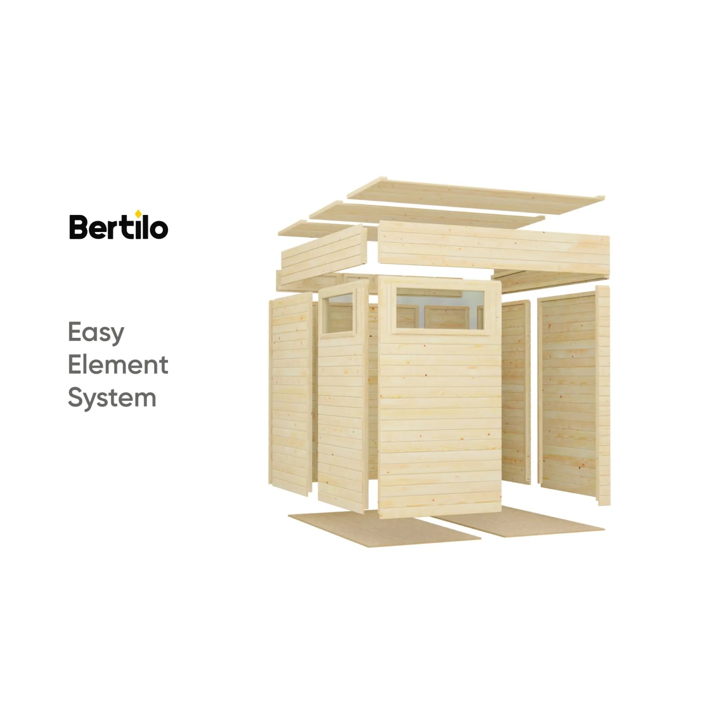 Bertilo Holz-Gartenhaus Cubus 2: Einzelteile des Weekendhauses aus Holz im Überblick.