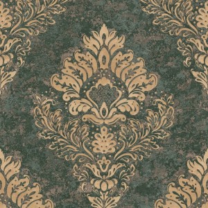 Grüne Tadessi Vliestapete mit goldenem Barock-Ornamentmuster. Dekorative Tapete für luxuriöse Wandgestaltung.