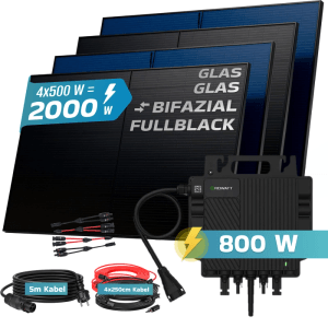 SUNNIVA Balkonkraftwerk 2000W mit bifazialen Glas-Glas Solarmodulen, 800W Wechselrichter und Kabel.