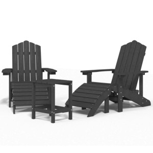 Anthrazitfarbenes Furnicato Adirondack Gartenmöbel-Set mit 2 Stühlen, Hockern und Tisch aus HDPE.