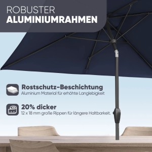 Detailaufnahme: Sekey Sonnenschirm mit blauem Bezug und robustem Aluminiumrahmen.