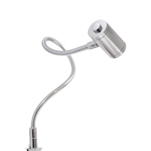 Silberne LED Bettleuchte mit flexiblem Schwanenhals, 3W Warmweiß, zur Montage als Nachttischlampe.