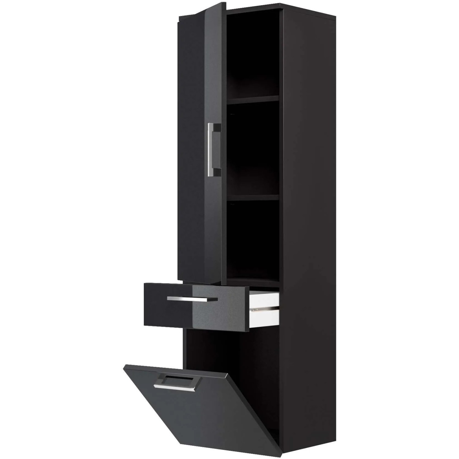 Posseik Bad-Hochschrank Rima in Anthrazit, 40 cm breit, mit offenen Fächern, Schublade und Tür.