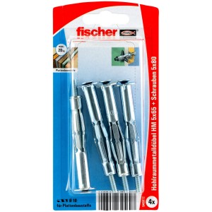 Fischer Hohlraumdübel HM 5x65 mit Schraube, 4er-Pack, für Plattenbaustoffe.