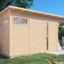 Bertilo Gartenhaus Pentus 3 Lounge aus Holz mit Anbau und Fahrrad unter dem Vordach.