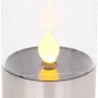 Globo LED-Solartischlampe mit Feuereffekt aus Edelstahl und klarem Kunststoff.