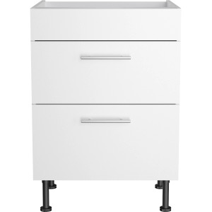 Weißer Optifit Unterschrank Bengt932 für Kochfeld, 60x87x58,4 cm, mit 2 Auszügen und Edelstahlgriffen.