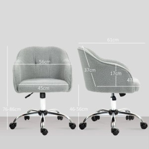 Grauer HOMCOM Homeoffice Bürostuhl mit flauschiger Teddy-Textur, ergonomisch, Rollen. Ansicht mit allen Maßen für Schlafzimmer/Arbeitszimmer.
