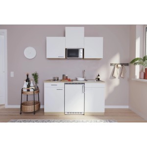 Respekta Küchenzeile KB150ESWMIC, 150 cm, Weiß/Eiche, mit Kühlschrank, Mikrowelle und Glaskeramikkochfeld.