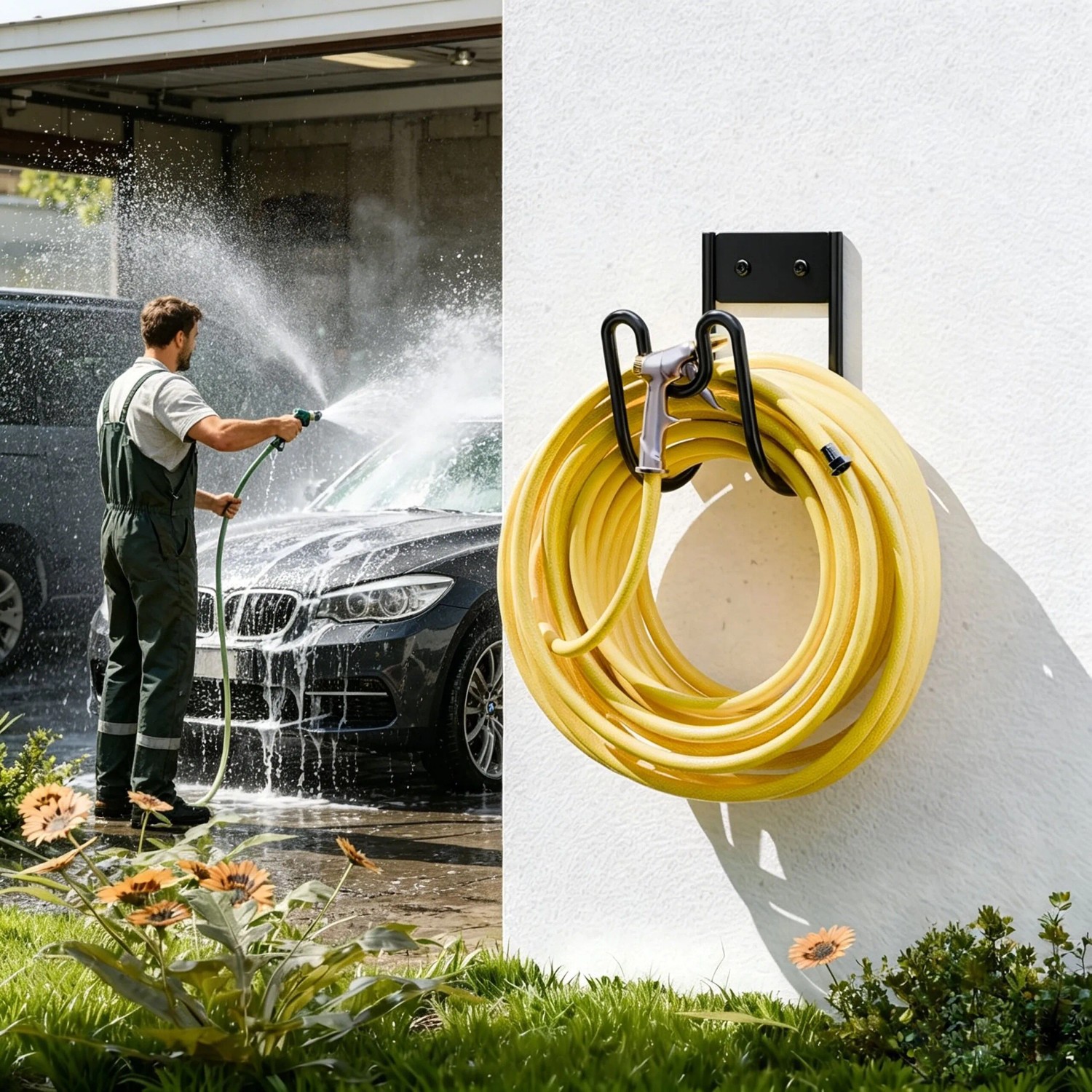 Schwarzer Schlauchhalter aus Eisen an weißer Wand, hält gelben Gartenschlauch und Gartenbrause. Ideal für Ordnung.