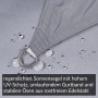 Detailaufnahme: Hellgraues, regendichtes Sonnensegel mit Edelstahl-Öse und Wassertropfen.