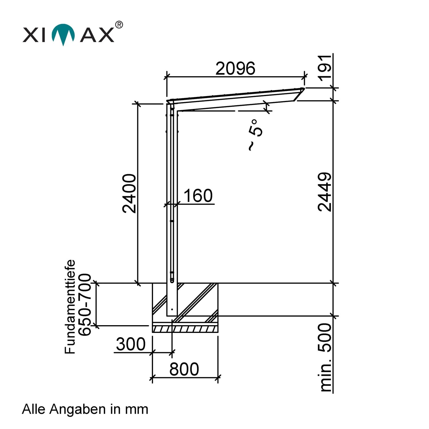 Technische Zeichnung: Ximax Alu Carport Smart Port Typ 60, Maße und Fundamentdetails.