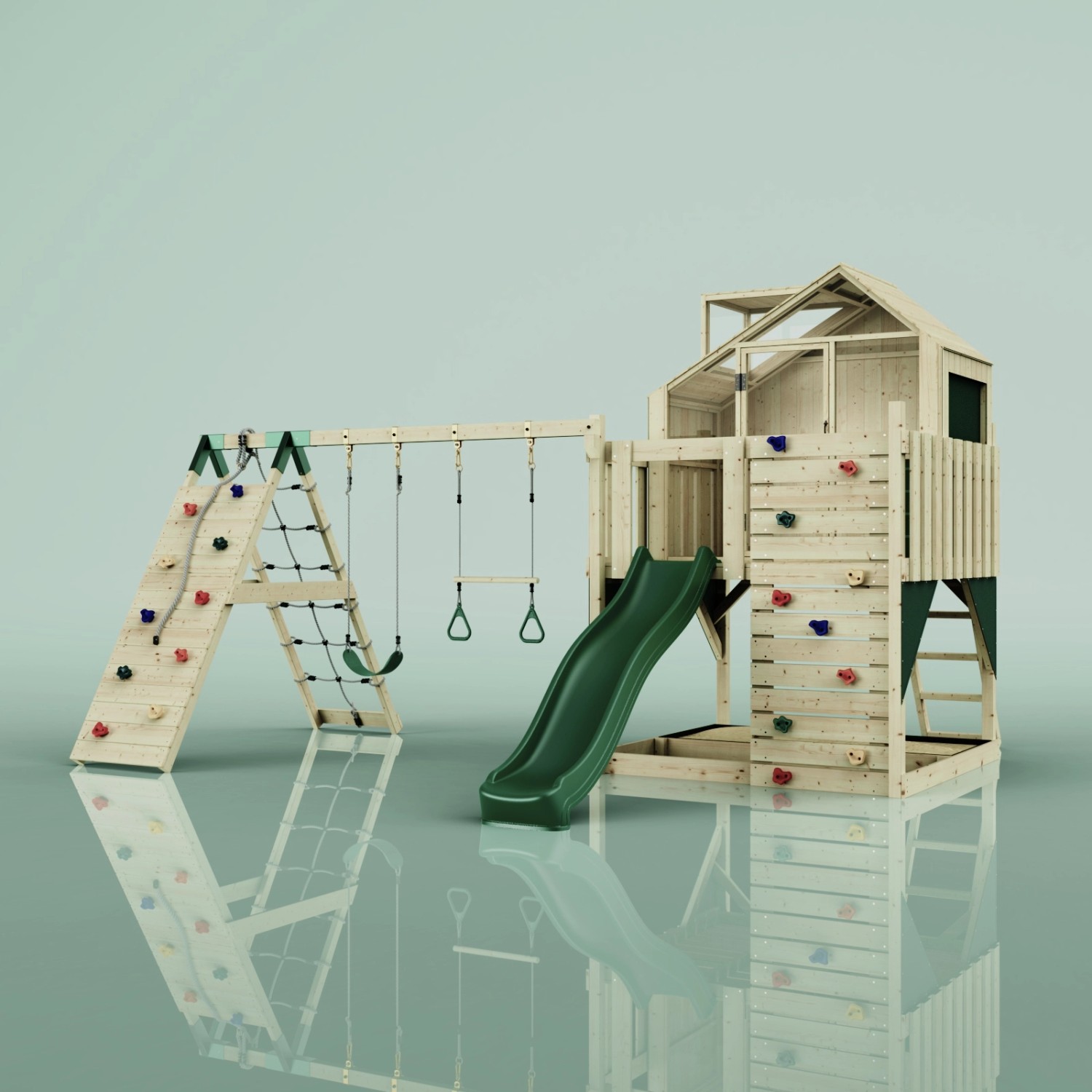 OutdoorToys Spielturm Oscar mit Rutsche, Kletterwand und Trapezschaukel in Dunkelgrün.