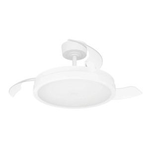 Weißer Eglo LED-Deckenventilator Malpica mit integrierter Leuchte und teilweise ausgefahrenen, transparenten Flügeln.