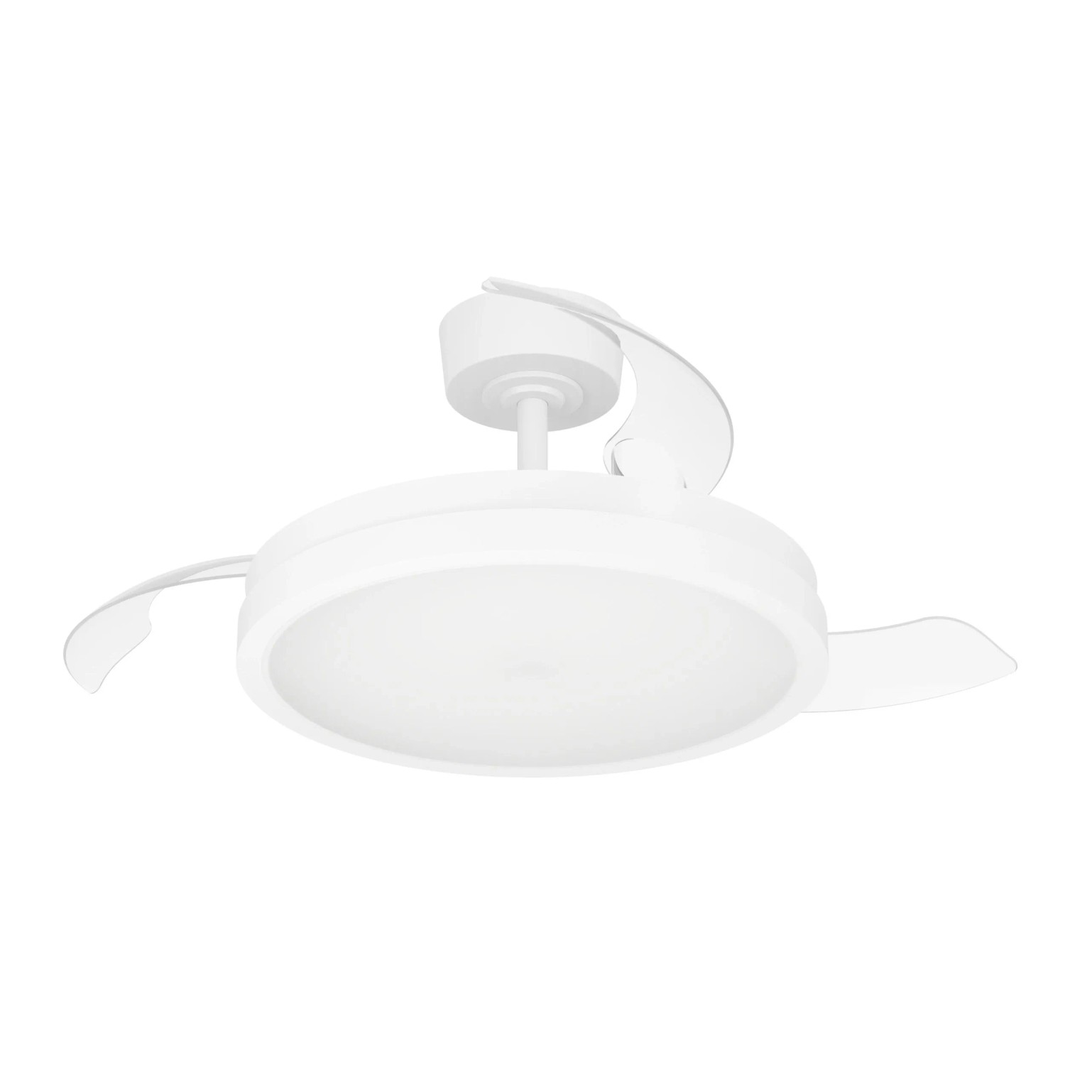 Weißer Eglo LED-Deckenventilator Malpica mit integrierter Leuchte und teilweise ausgefahrenen, transparenten Flügeln.