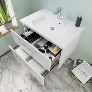 Pelipal Trentino Mineralmarmor-Waschbecken, 80 cm, mit offenem Unterschrank und Schubladen.