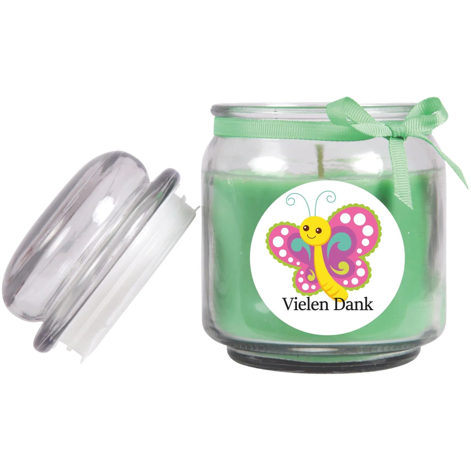 Grüne HS Candle Duftkerze "Danke" im Bonbonglas mit Kokosduft und Schmetterlingsmotiv.