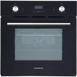 Schwarzer Respekta Einbaubackofen Joel mit Timer und Metallknebeln.