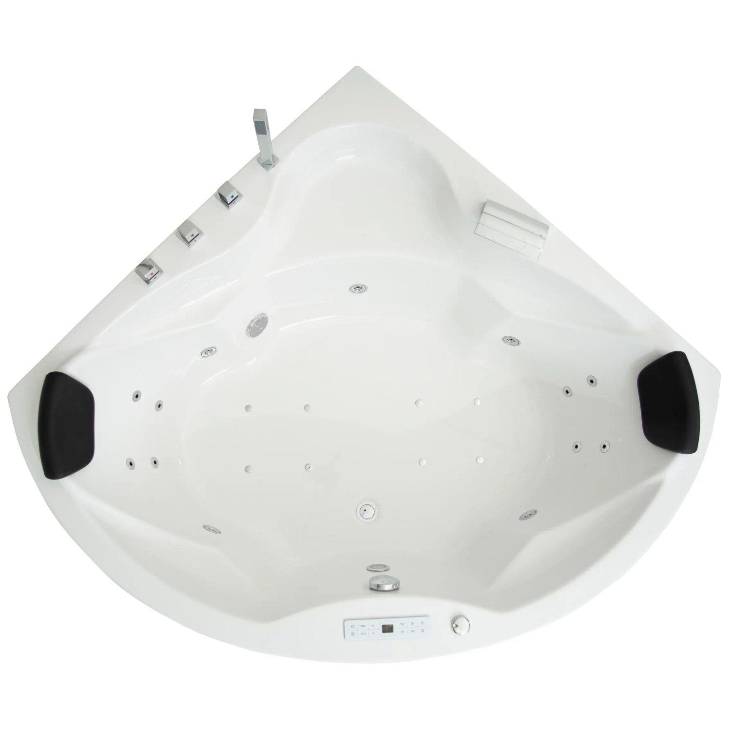 Eck-Whirlpool Badewanne Nendo Premium, 149x149cm, weiß, mit Düsen und Kopfstützen.