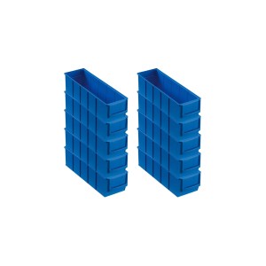 Zehn blaue PROREGAL Industrieboxen 300 S, ideal für Aufbewahrungssysteme in Werkstatt und Lager.