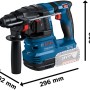 Bosch Professional Akku-Bohrhammer GBH 18V-22 mit Akku und L-Boxx, Abmessungen sichtbar.