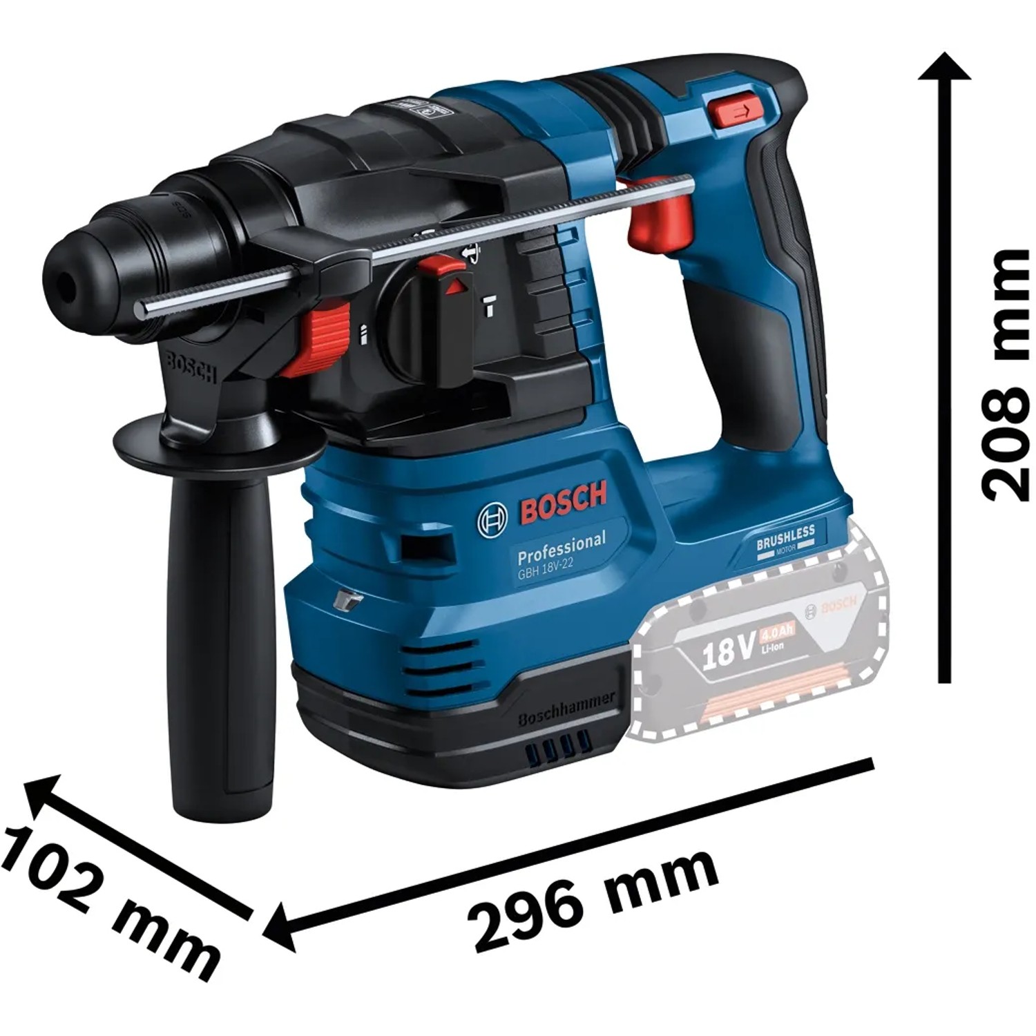 Bosch Professional Akku-Bohrhammer GBH 18V-22 mit Akku und L-Boxx, Abmessungen sichtbar.