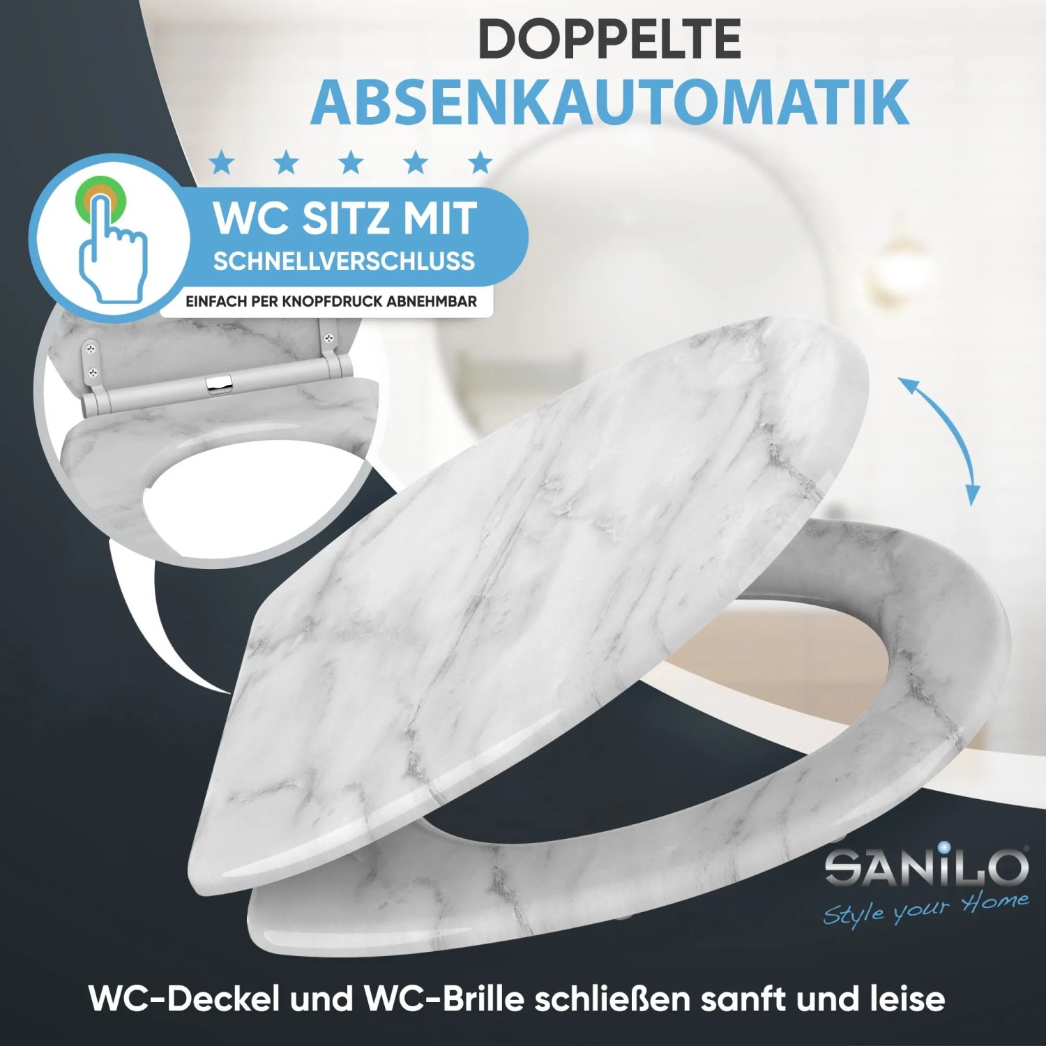 SANILO WC-Sitz Marmor mit Absenkautomatik und Top-Fix-Befestigung.