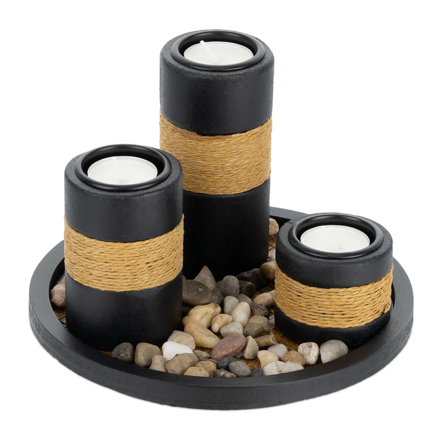 Relaxdays Teelichthalterset mit Tablett MDF Stein Schwarz Braun 13 cm x 19,5 cm 0,65 kg