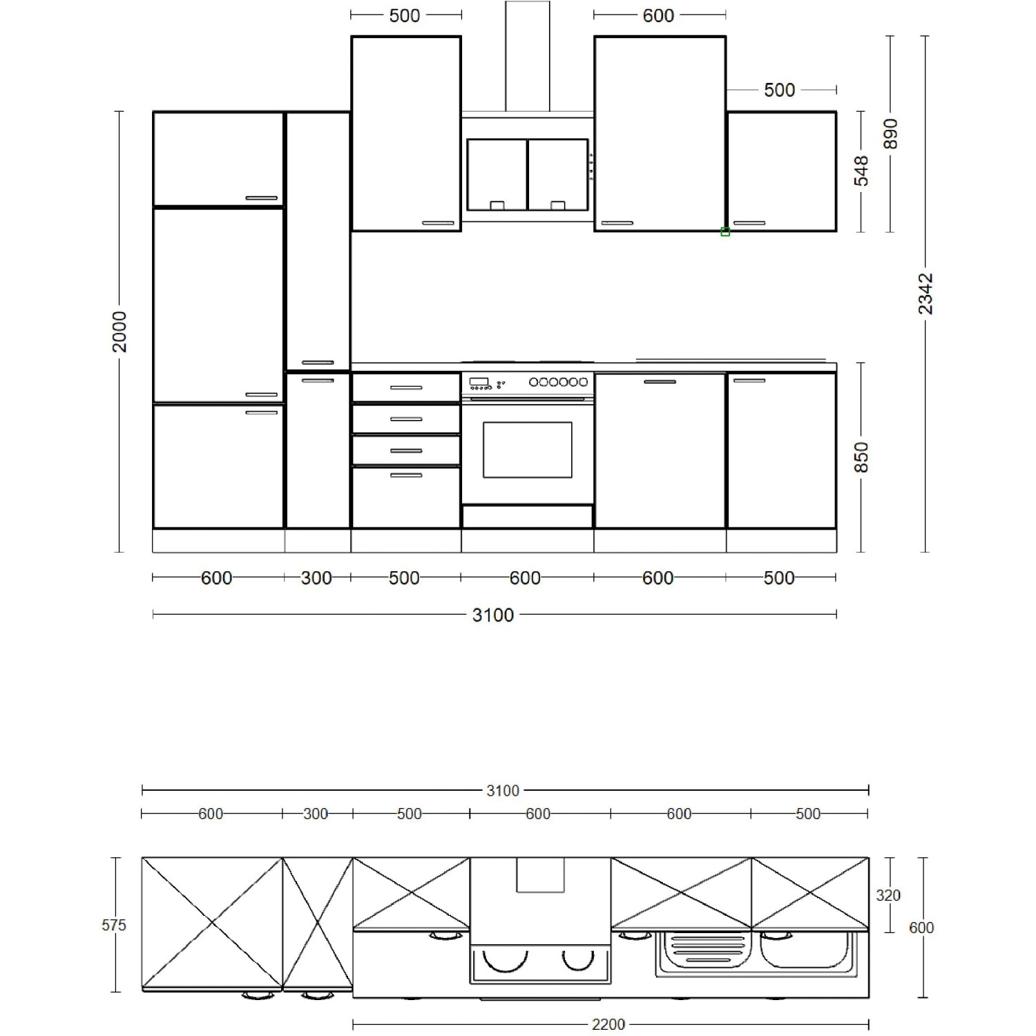 Skizze: Flex-Well Classic Küchenzeile 310 cm in Buche mit Maßen und Details zu Schränken und Elektrogeräten.