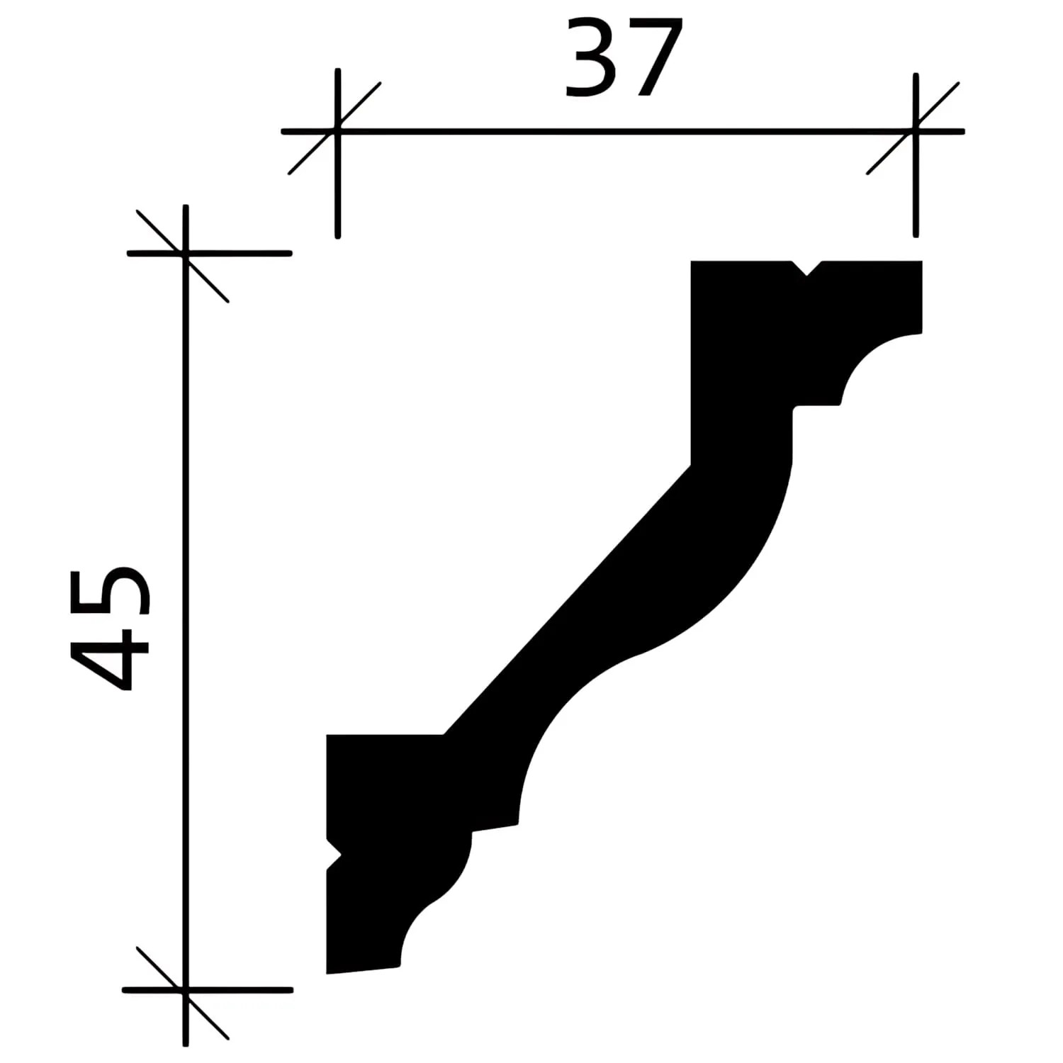 Abbildung einer PROFHOME Eckleiste (45x37mm) im Querschnitt mit Maßangaben.