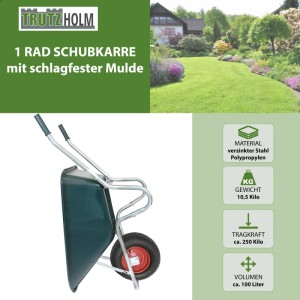 TRUTZHOLM Schubkarre mit 100L Kunststoffmulde und rotem Rad. Tragkraft bis 250kg.