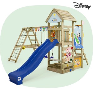 Blauer Wickey Disney Spielturm mit Rutsche, Schaukel und Kletterwand für Kinder.