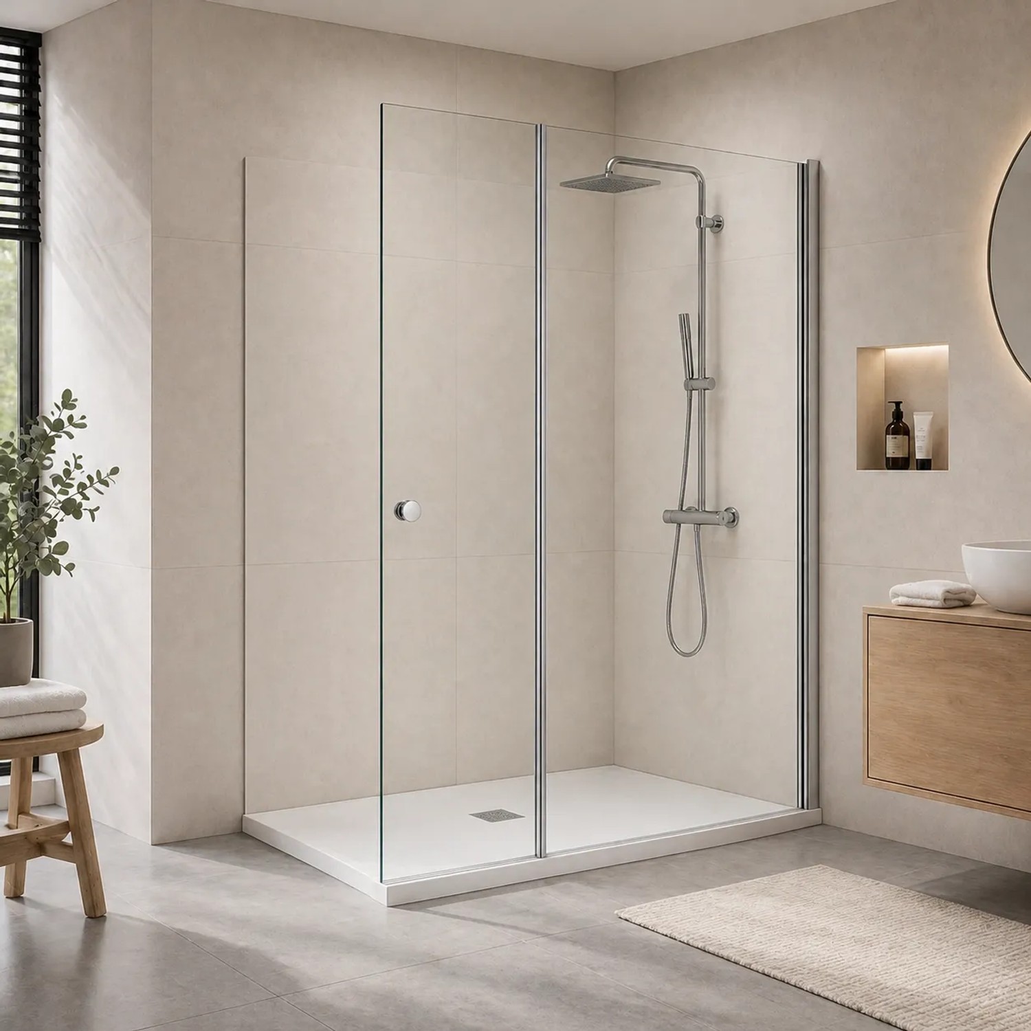 Onbath's Duschwand aus Glas 50+60 cm mit Schwenkbarem Spritzschutz  6 mm, Chrom