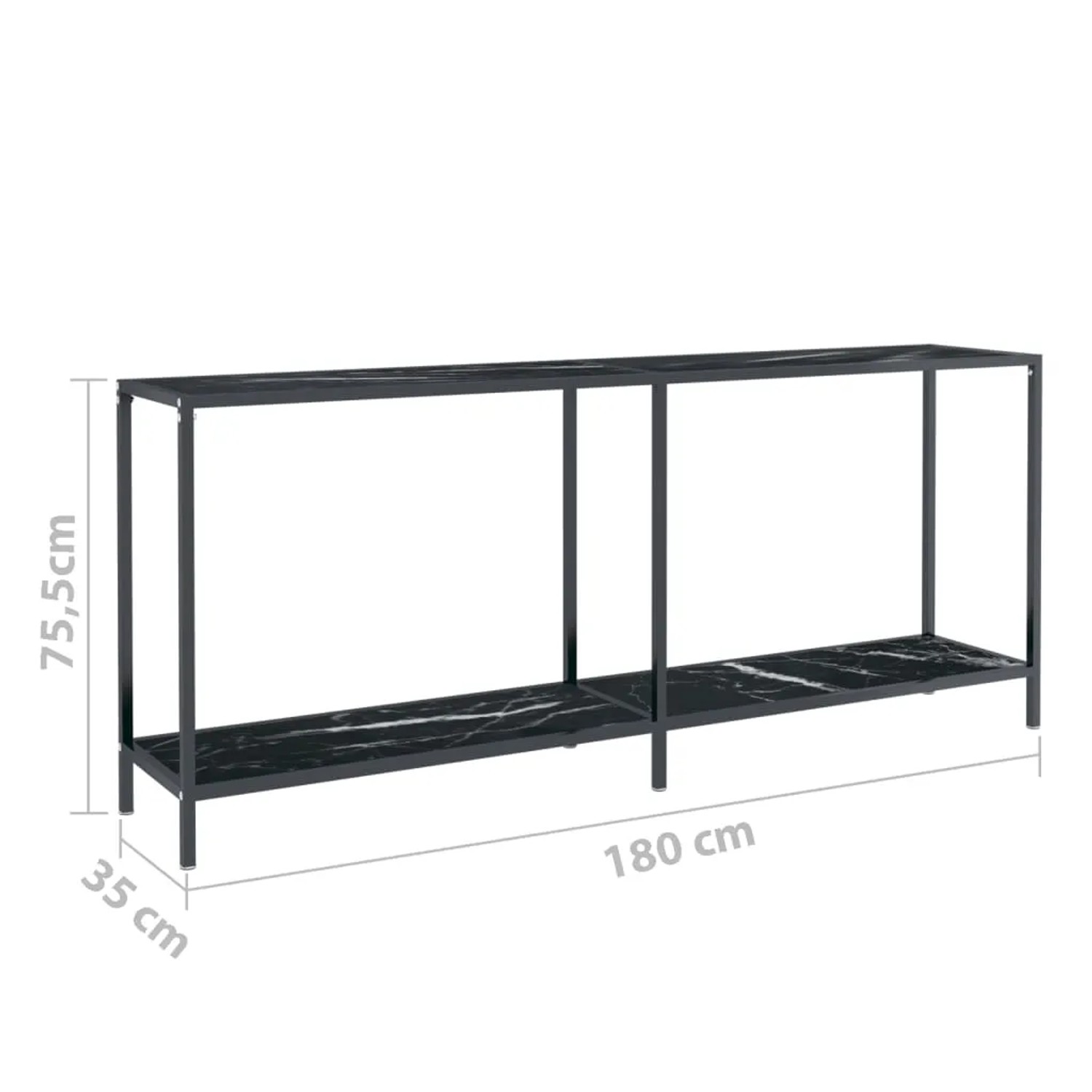Schwarzer vidaXL Konsolentisch aus Glas und Stahl, 180x35x75,5 cm, mit Ablage.