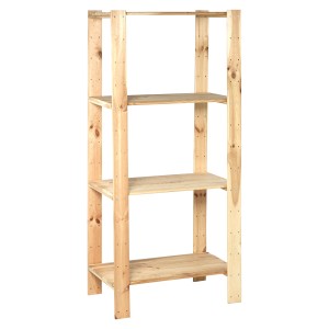 Holz-Schwerlastregal mit vier Böden aus FSC®-zertifiziertem Nadelholz, ideal für Keller, Werkstatt oder Haushalt.