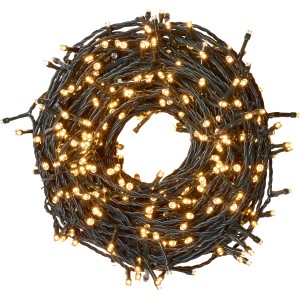 LED Lichterkette mit 1000 warmweißen LEDs und grünem Kabel, aufgerollt dargestellt.